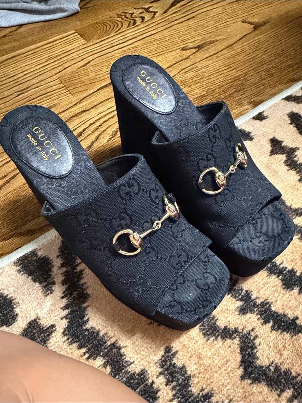 Gucci Black GG Canvas Platform Mule with Gold Horsebit